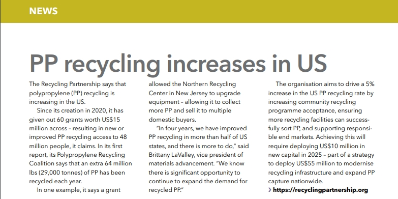 Reciclagem de PP aumenta nos EUA